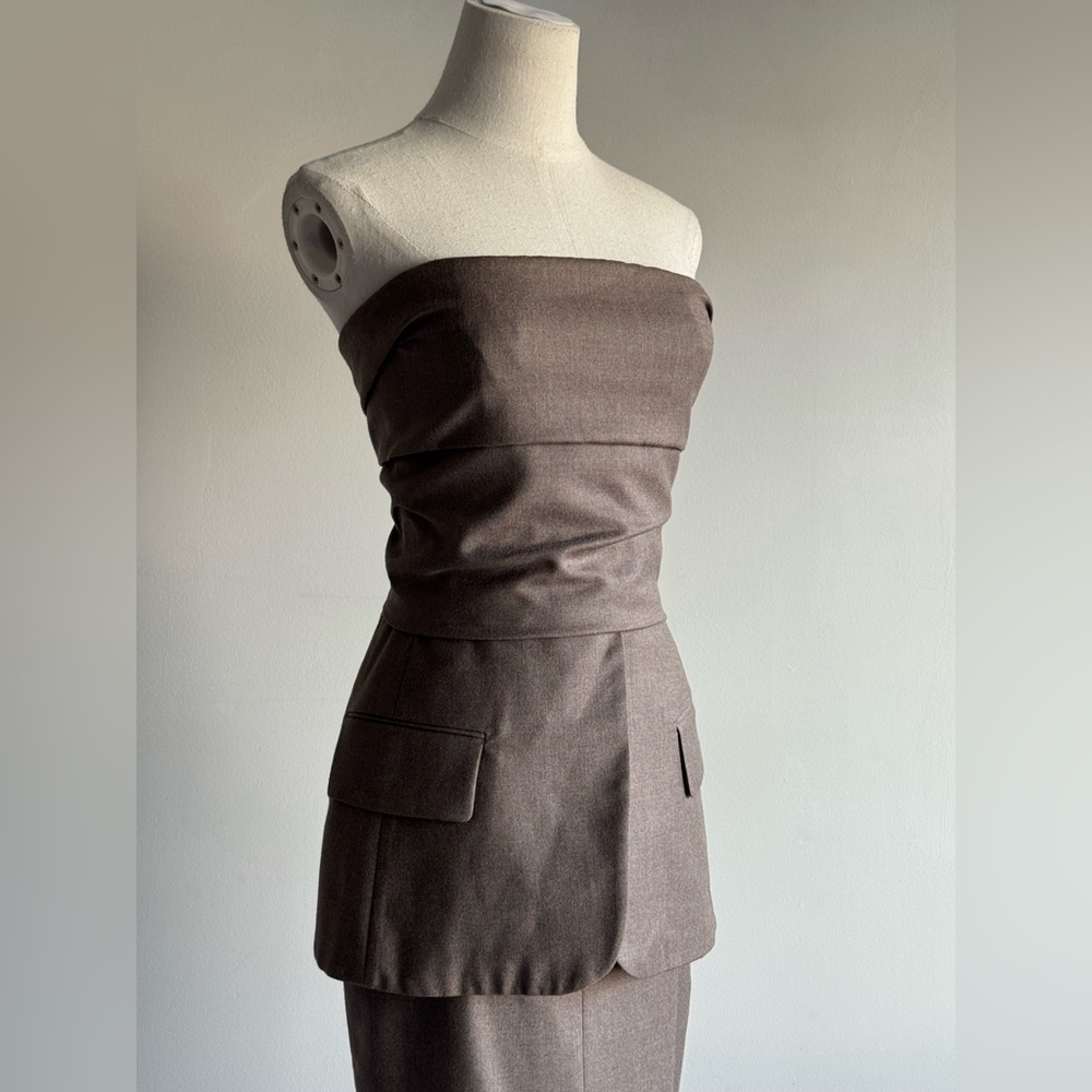 MAX MARA Strapless Pocket Peplum Midi Dress in Chocolate Brown XS - Picture 4 of 12